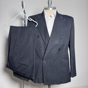 Suit World Mens Double Breasted Suit Check 46R 36W Gray Made USA